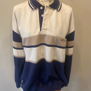 Vintage 90s Striped Long-Sleeve Polo in Navy and Cream